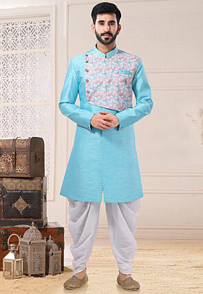 Digital Printed Art Silk Overlapping Sherwani in Blue