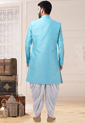 Digital Printed Art Silk Overlapping Sherwani in Blue