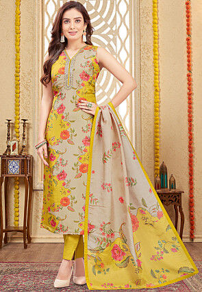 Digital Printed Art Silk Pakistani Suit in Beige and Yellow