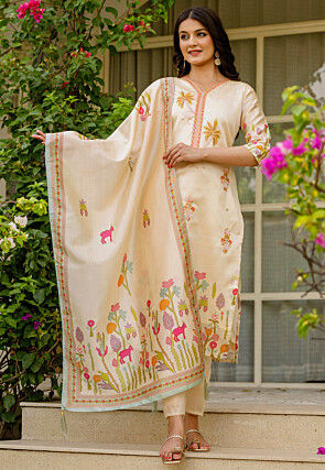 Digital Printed Art Silk Pakistani Suit in Beige
