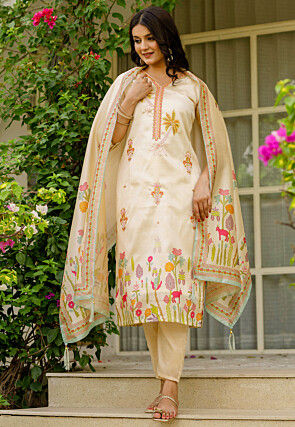 Digital Printed Art Silk Pakistani Suit in Beige