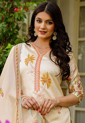 Digital Printed Art Silk Pakistani Suit in Beige