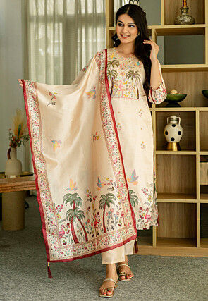 Digital Printed Art Silk Pakistani Suit in Beige