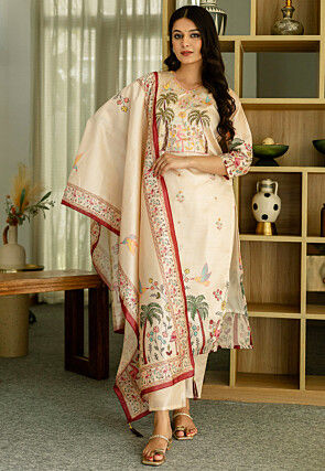 Digital Printed Art Silk Pakistani Suit in Beige