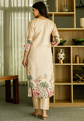 Digital Printed Art Silk Pakistani Suit in Beige