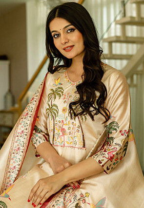 Digital Printed Art Silk Pakistani Suit in Beige