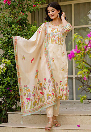 Digital Printed Art Silk Pakistani Suit in Beige