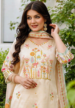 Digital Printed Art Silk Pakistani Suit in Beige
