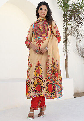 Digital Printed Art Silk Pakistani Suit in Beige
