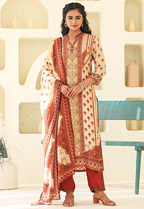 Digital Printed Art Silk Pakistani Suit in Beige