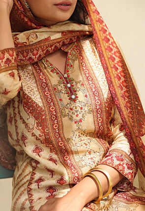 Digital Printed Art Silk Pakistani Suit in Beige