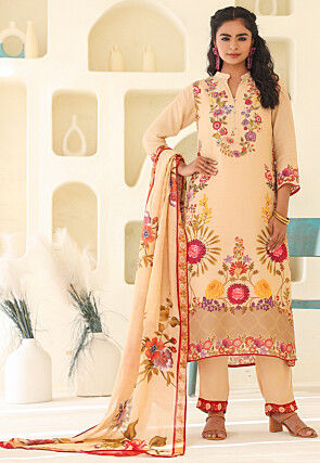 Digital Printed Art Silk Pakistani Suit in Beige