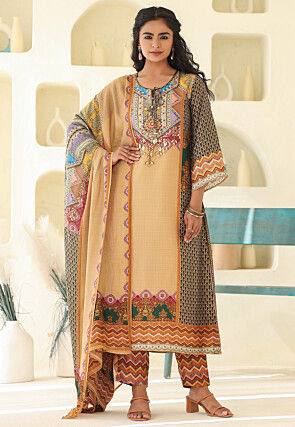 Digital Printed Art Silk Pakistani Suit in Beige