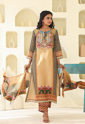 Digital Printed Art Silk Pakistani Suit in Beige