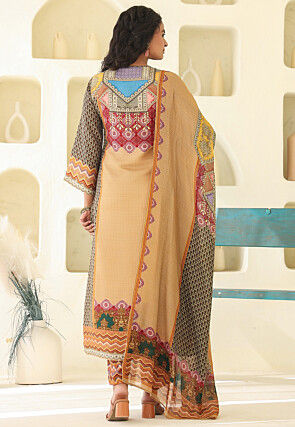 Digital Printed Art Silk Pakistani Suit in Beige