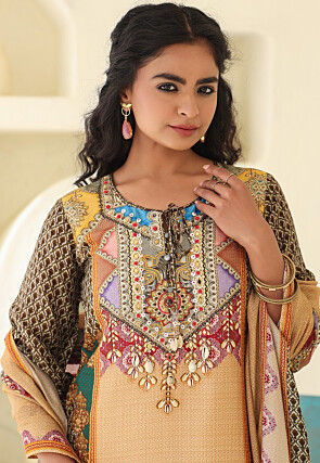 Digital Printed Art Silk Pakistani Suit in Beige