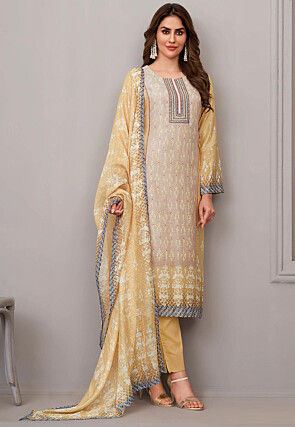 Digital Printed Art Silk Pakistani Suit in Beige