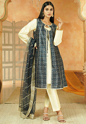 Digital Printed Art Silk Pakistani Suit in Beige