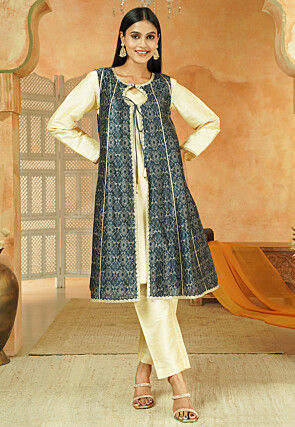 Digital Printed Art Silk Pakistani Suit in Beige