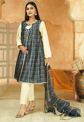 Digital Printed Art Silk Pakistani Suit in Beige