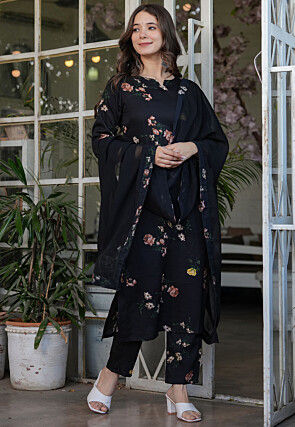 Digital Printed Art Silk Pakistani Suit in Black