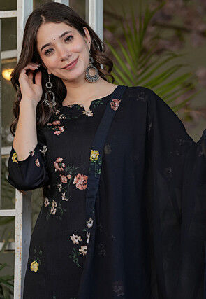 Digital Printed Art Silk Pakistani Suit in Black