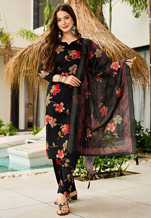 Digital Printed Art Silk Pakistani Suit in Black