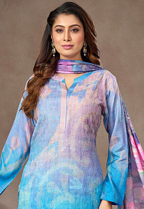 Digital Printed Art Silk Pakistani Suit in Blue