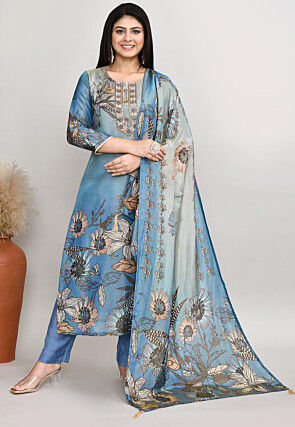 Digital Printed Art Silk Pakistani Suit in Blue