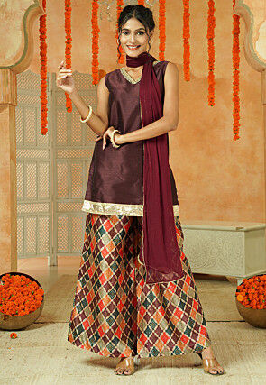 Digital Printed Art Silk Pakistani Suit in Brown