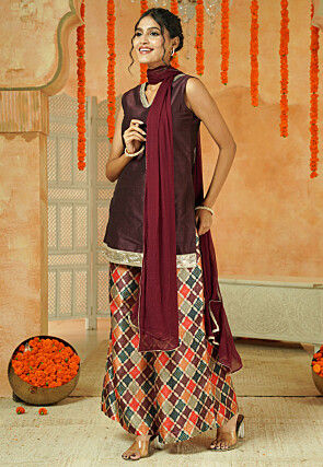 Digital Printed Art Silk Pakistani Suit in Brown