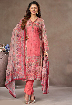 Digital Printed Art Silk Pakistani Suit in Coral Pink