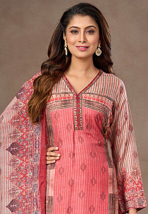 Digital Printed Art Silk Pakistani Suit in Coral Pink