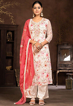 Digital Printed Art Silk Pakistani Suit in Cream