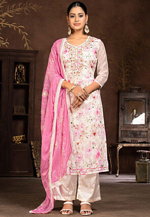 Digital Printed Art Silk Pakistani Suit in Cream