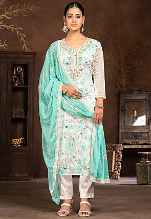 Digital Printed Art Silk Pakistani Suit in Cream
