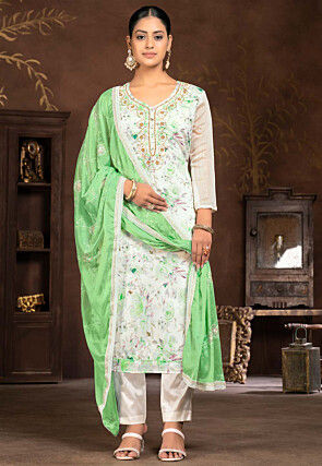 Digital Printed Art Silk Pakistani Suit in Cream