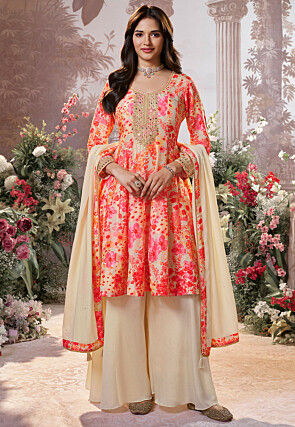 Digital Printed Art Silk Pakistani Suit in Cream