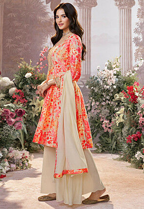 Digital Printed Art Silk Pakistani Suit in Cream