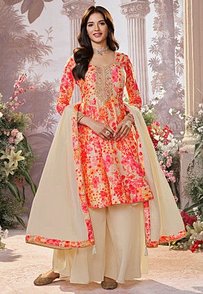 Digital Printed Art Silk Pakistani Suit in Cream