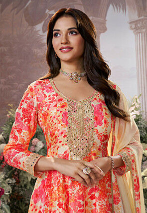 Digital Printed Art Silk Pakistani Suit in Cream