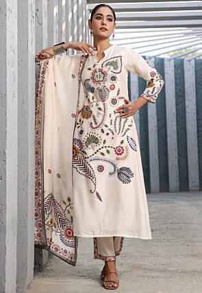 Digital Printed Art Silk Pakistani Suit in Cream