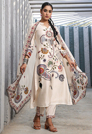Digital Printed Art Silk Pakistani Suit in Cream