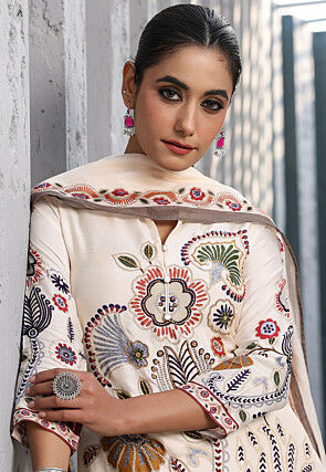 Digital Printed Art Silk Pakistani Suit in Cream