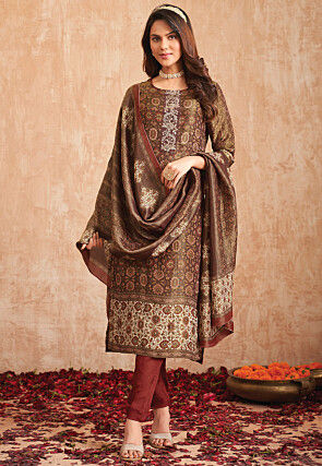 Digital Printed Art Silk Pakistani Suit in Dark Brown
