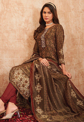 Digital Printed Art Silk Pakistani Suit in Dark Brown