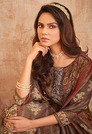 Digital Printed Art Silk Pakistani Suit in Dark Brown