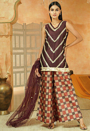 Digital Printed Art Silk Pakistani Suit in Dark Brown