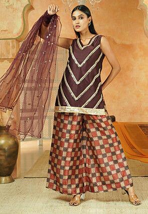 Digital Printed Art Silk Pakistani Suit in Dark Brown