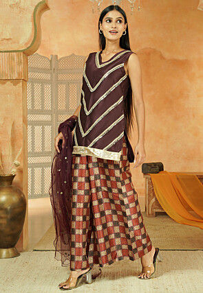 Digital Printed Art Silk Pakistani Suit in Dark Brown